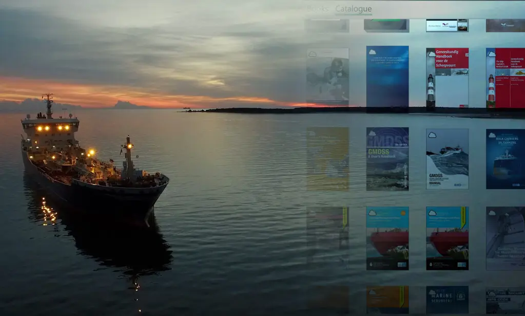 Vessel at sea at dusk. Picture has a overlay of SeaReader screenshot