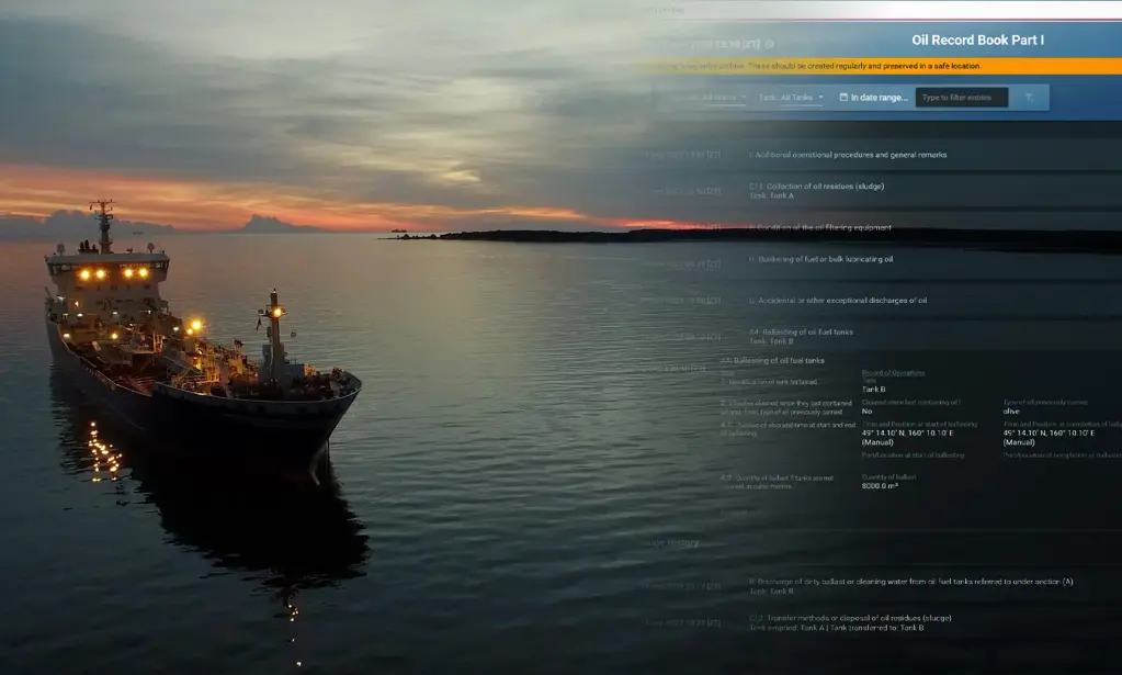 Vessel at sea at dusk. Picture has a overlay of OneLog screenshot