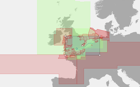 Pay As You Sail screenshot with marked areas that are included in the route