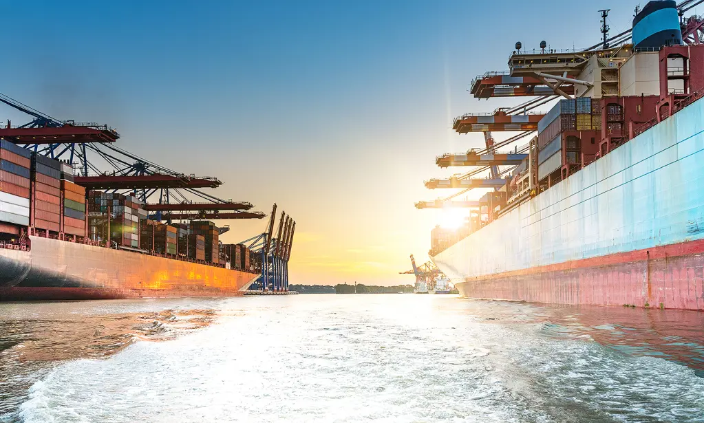 To containerskibe ligger til ved en havn, omgivet af kraner, med den nedgående sol, der kastede et gyldent lys på skibene og vandoverfladen.