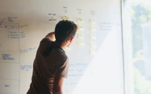 En person, der har en brainstorm og arrangerer sticky notes på en tavle med forskellige noter og diagrammer