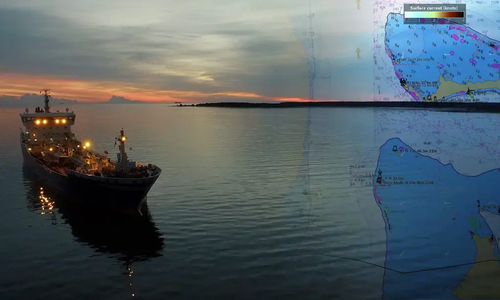 Skib på havet ved daggry. Billedet har et overlay af et Viewer-skærmbilledet