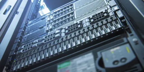 Close-up of server hardware in a data center
